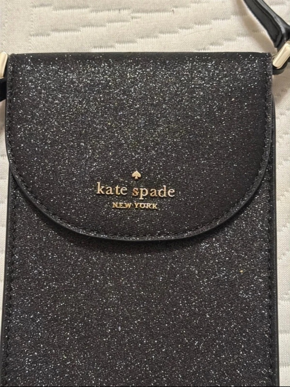 kate spade Black Glitter Crossbody Phone Pouch with Gold Logo